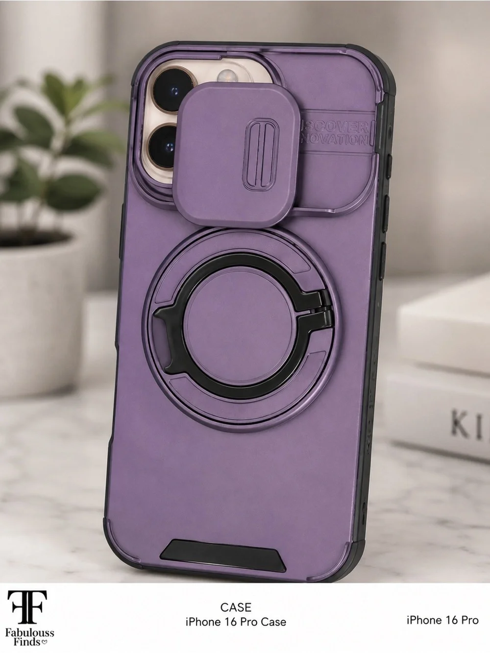 iPhone 16 Pro Purple Protective Case Sliding Camera Cover Ring Stand